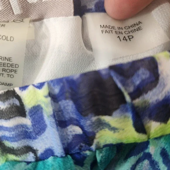 Tanjay Petites Blue Green Ikat Print Crinkle Maxi Skirt 14P Boho Tiered Lined - Picture 7 of 7